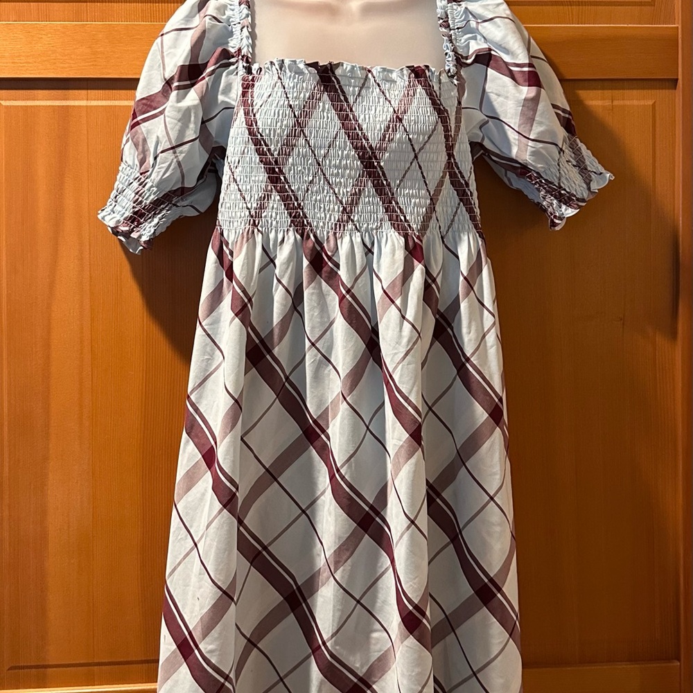 NWT Hill House Athena Nap Dress Blue and Brown Smocked Mini Sundress